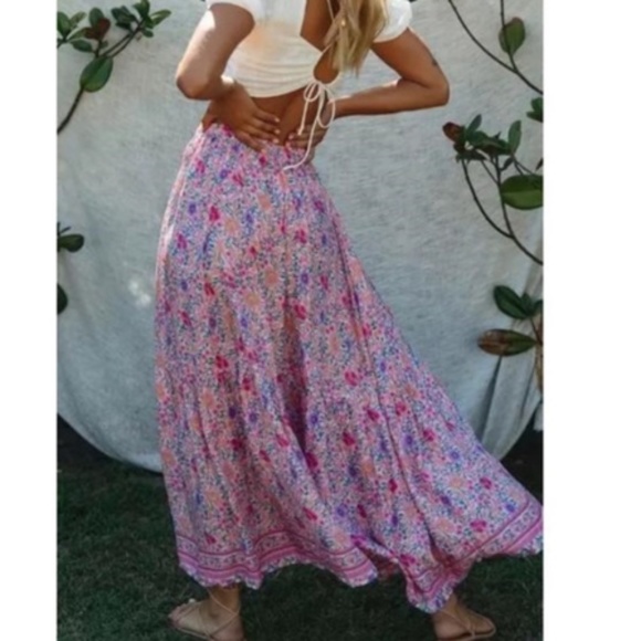 Boho Colorful Pink Floral Print Tassel Maxi Skirt - Picture 4 of 8
